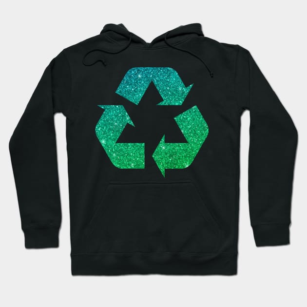 Green Blue Ombre Faux Glitter Recycle Symbol Hoodie by Felicity-K